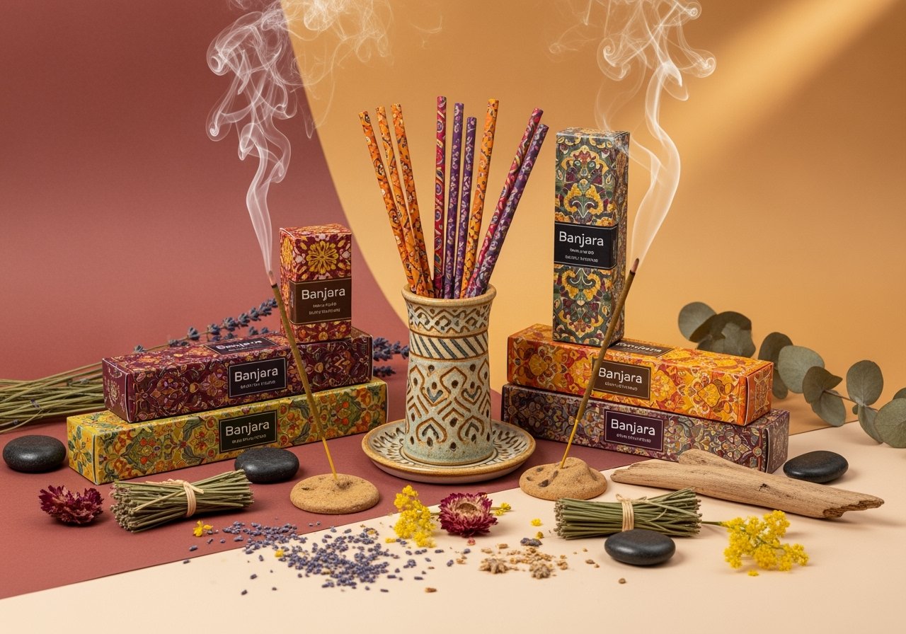 A collection of Banjara incense on a orange and brown back ground