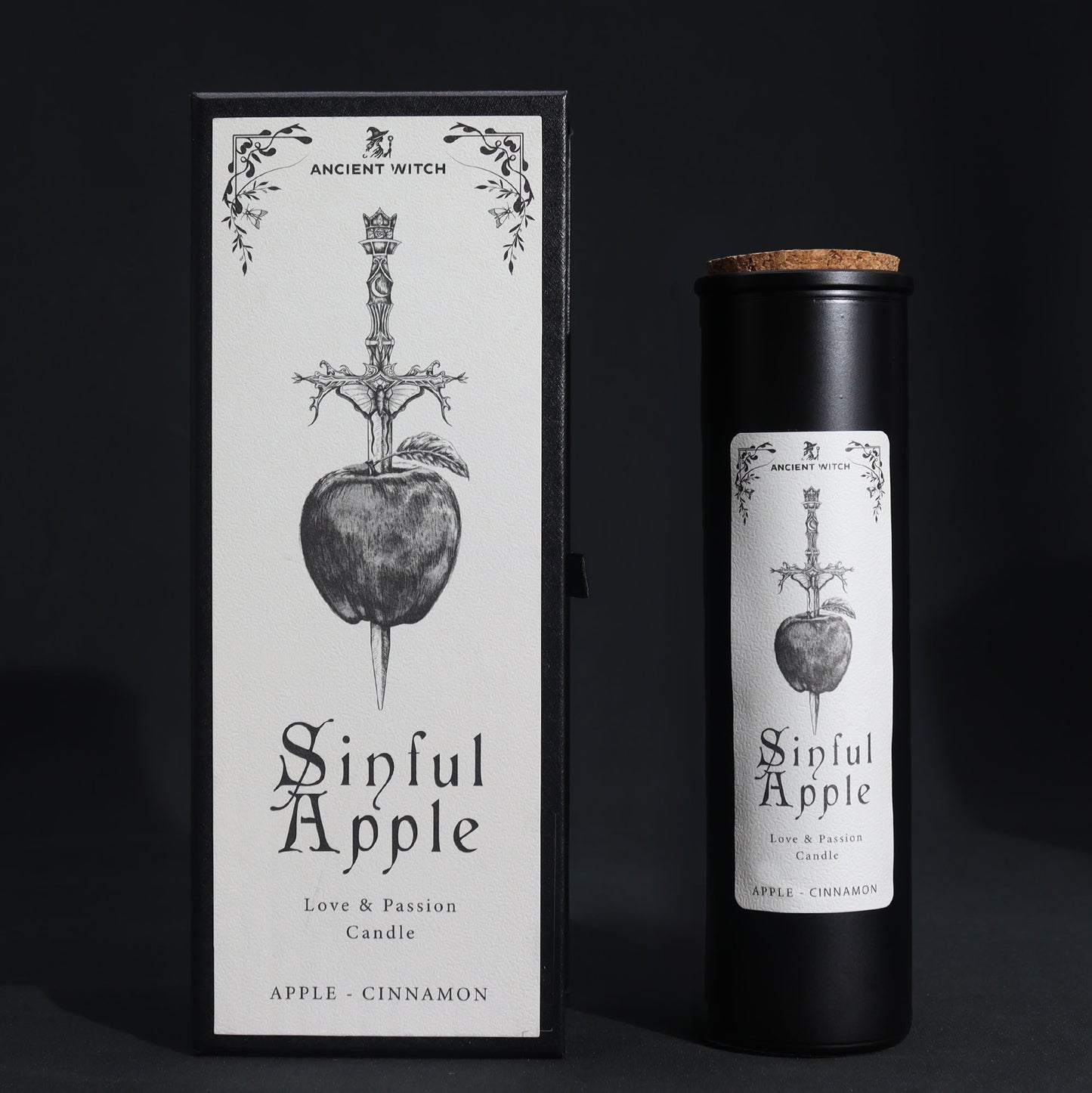Candle packaging for 'Sinful Apple' with black and white design on a dark background