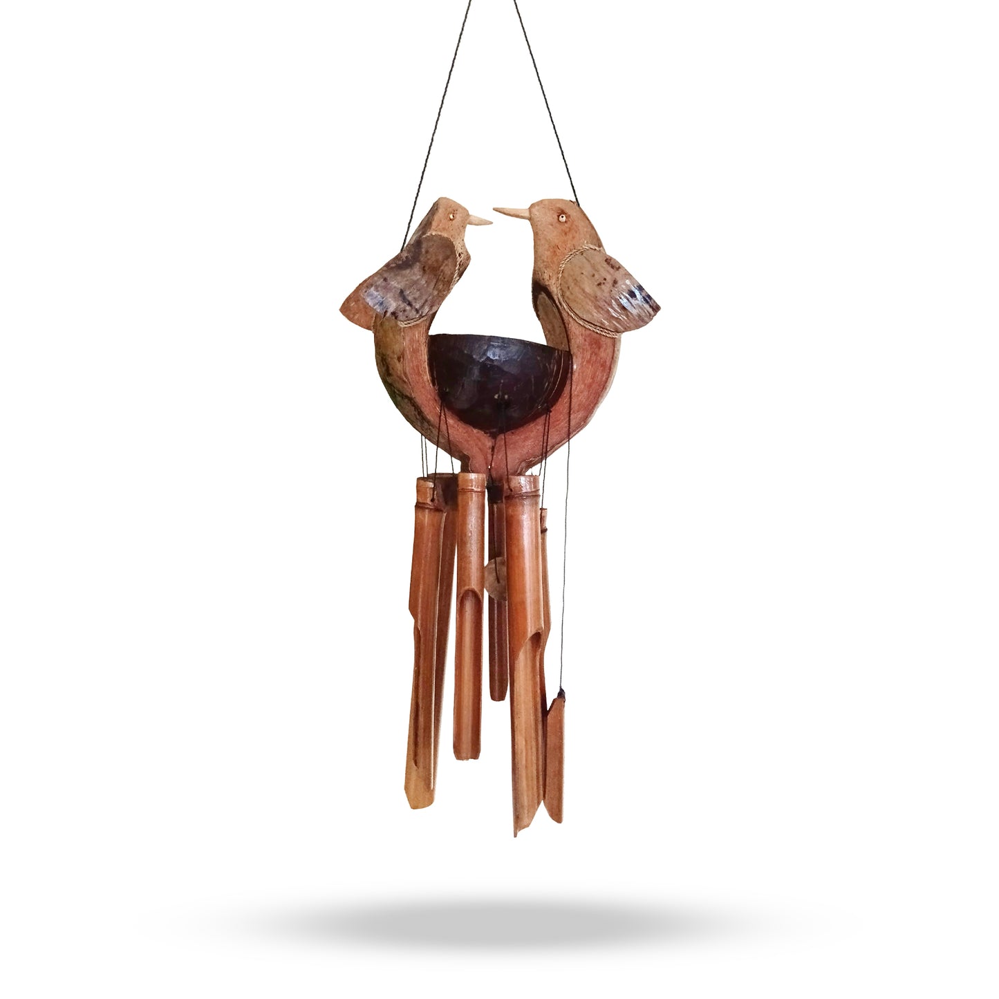 Wooden wind chime with bird designs on a white background