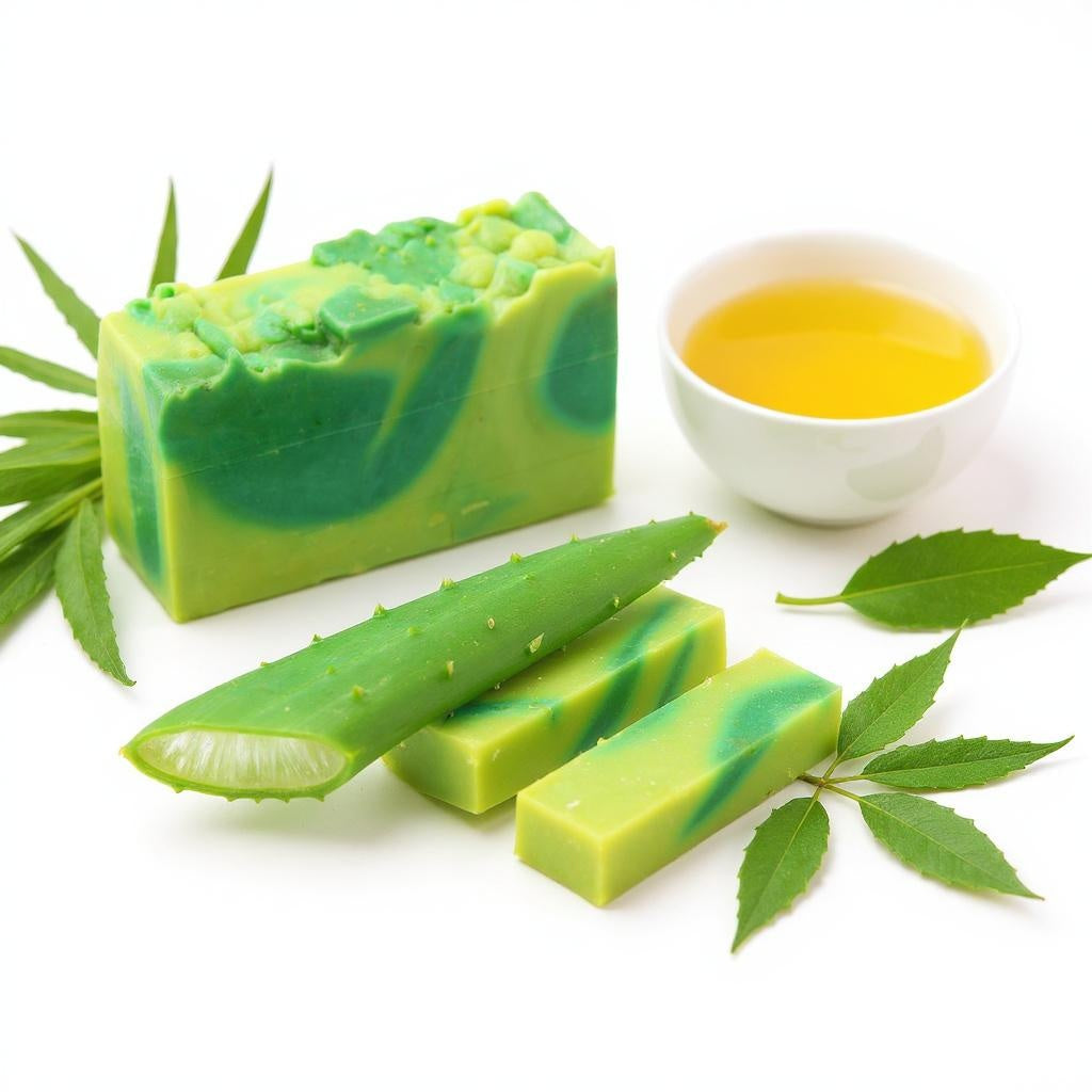 Green and blue soap bars with aloe vera leaves and a small bowl of liquid on a white background
