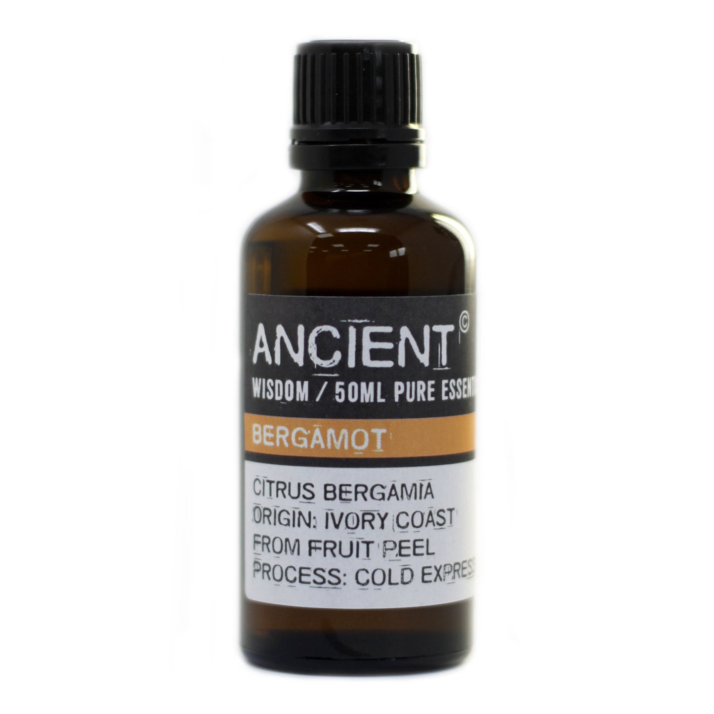 Bottle of Ancient Wisdom Bergamot essential oil on a white background