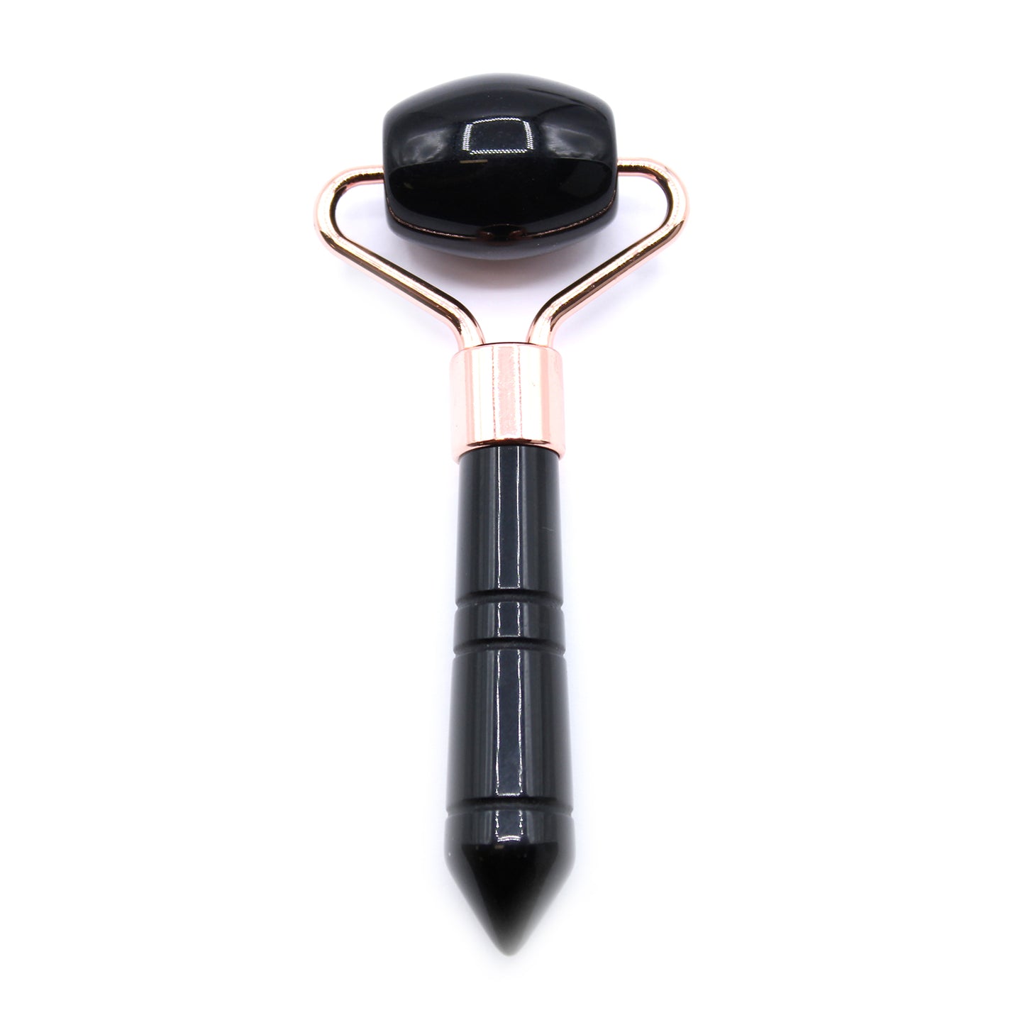 Black Obsidian facial roller with gold accents on a white background