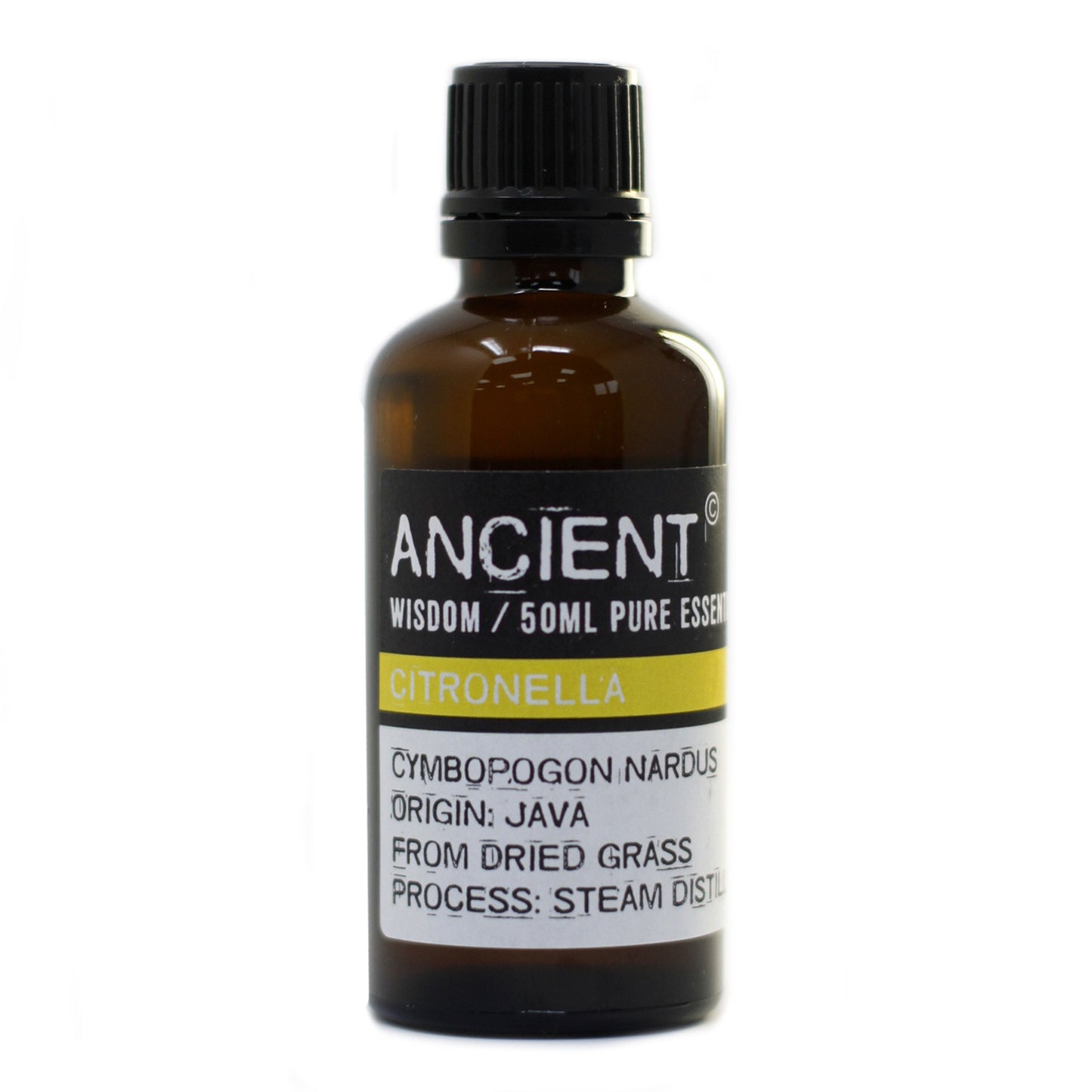 Bottle of Ancient Wisdom Citronella essential oil on a white background