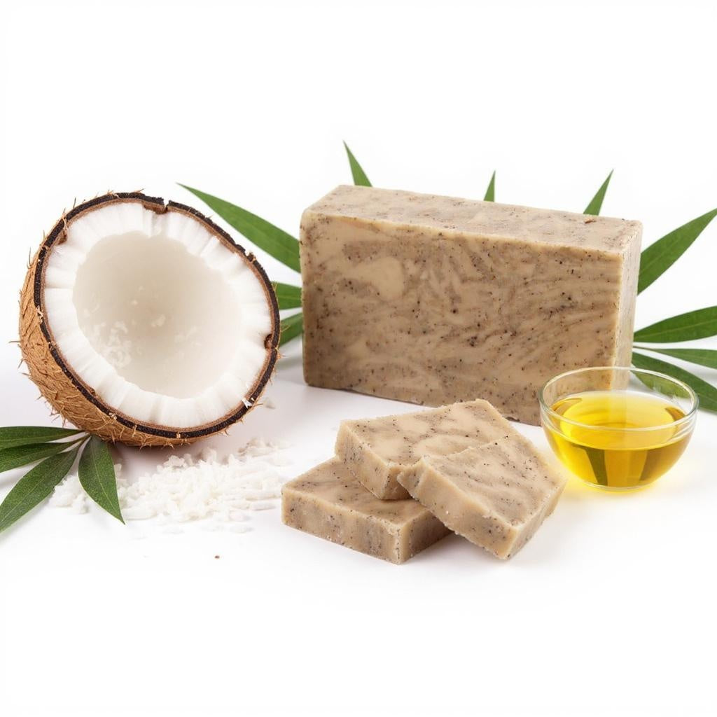 Bar of soap, coconut, and oil on a white background