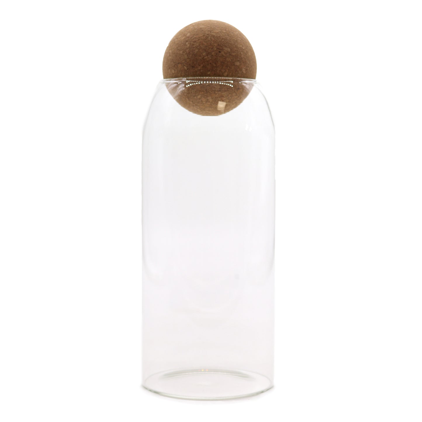 20cm Clear glass bottle with a brown cork stopper on a white background