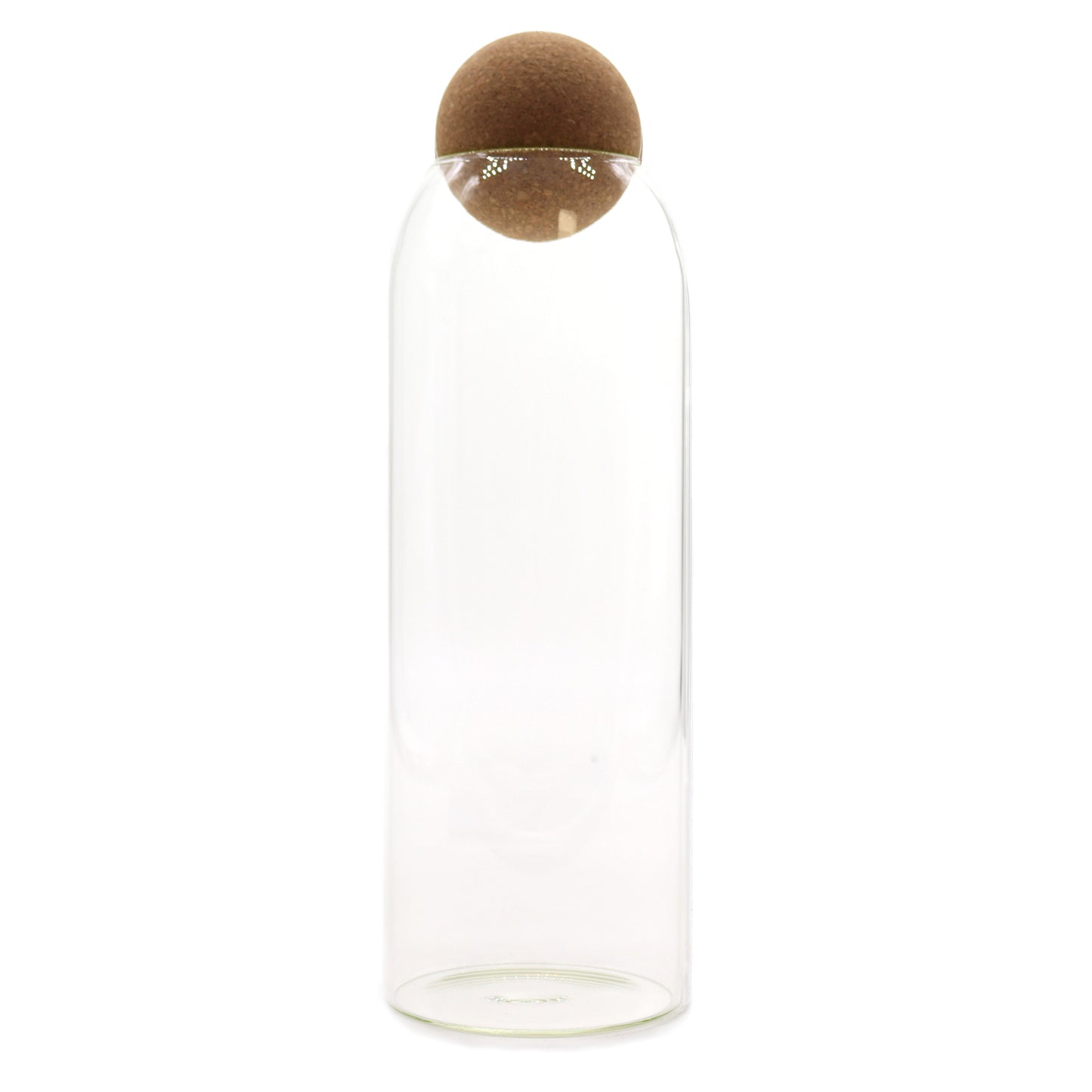 25cm Clear glass bottle with a brown cork stopper on a white background