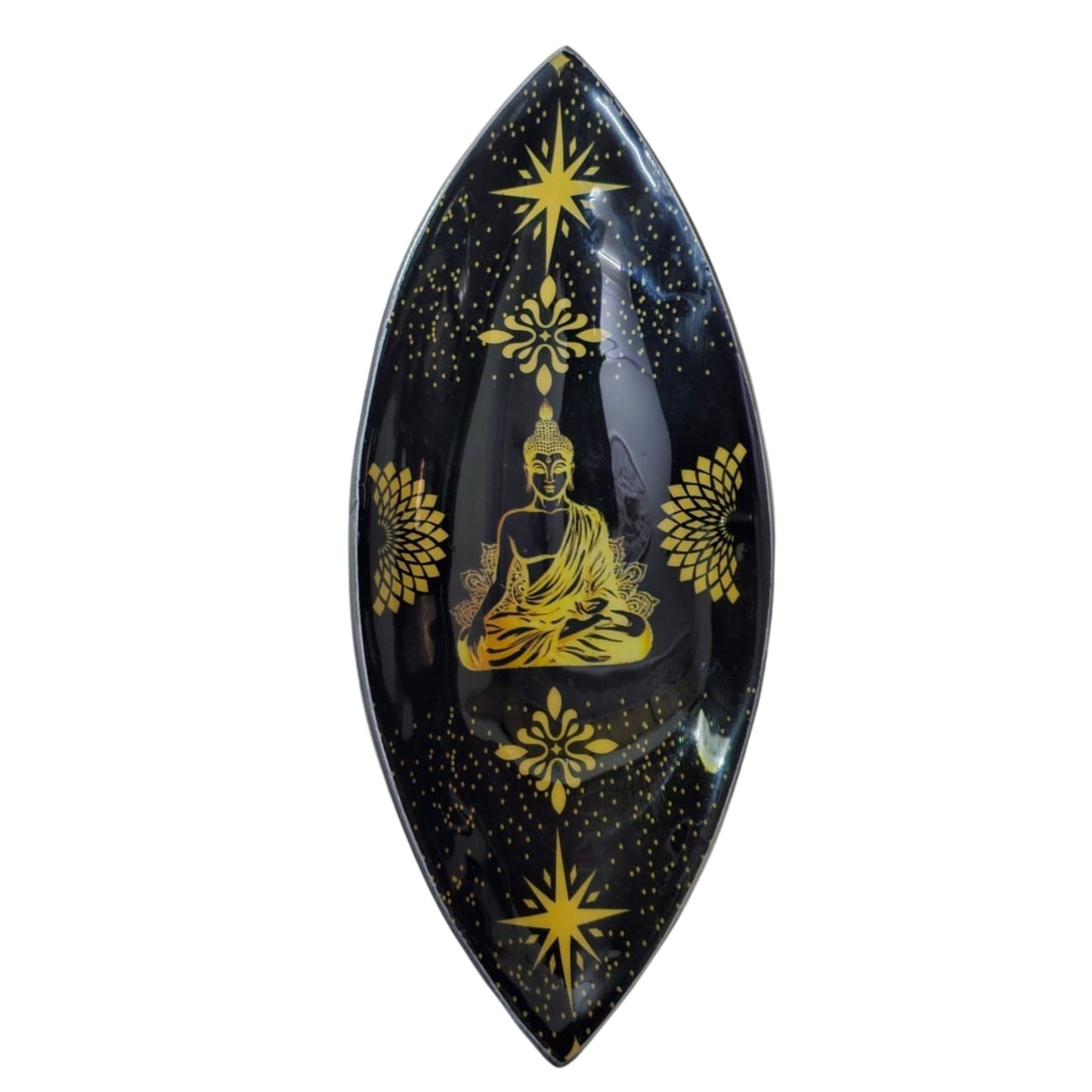 Decorative item with gold Buddha design on a black background