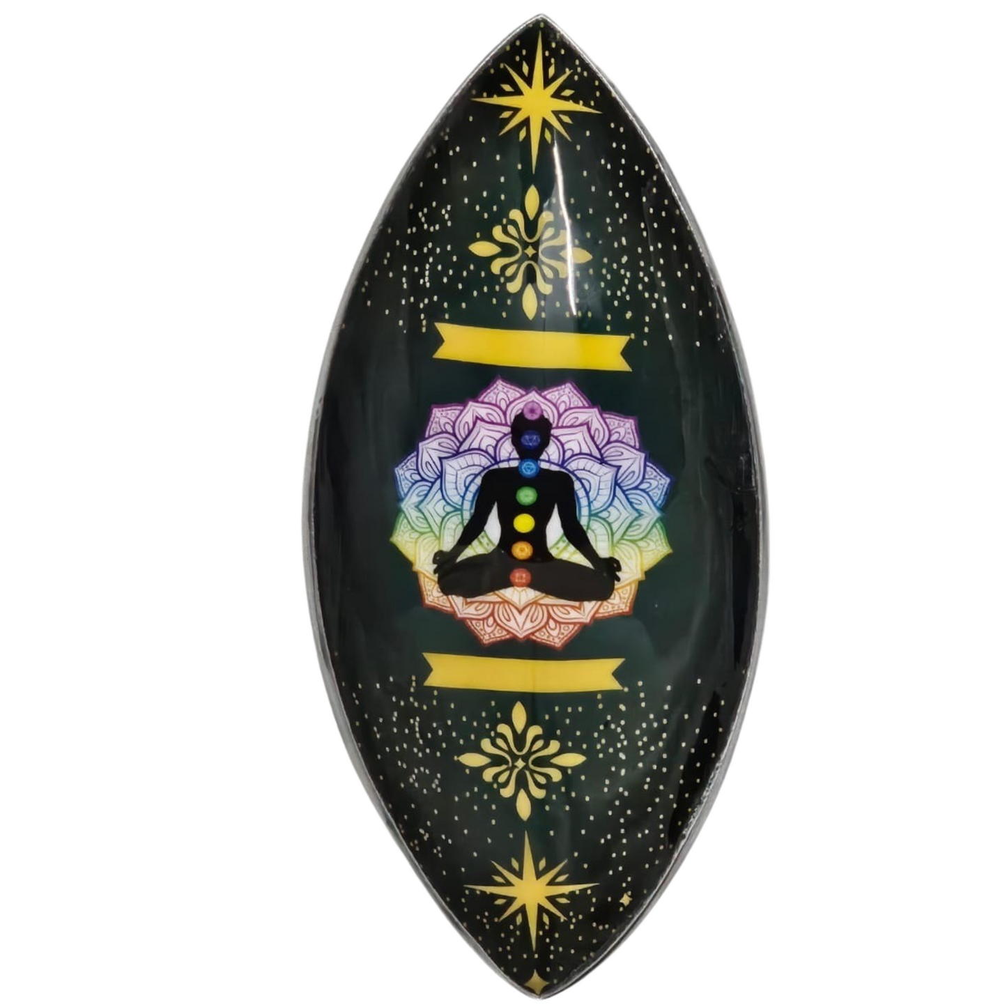 Decorative incense holder with a meditating figure and colorful design in yellow on a black background