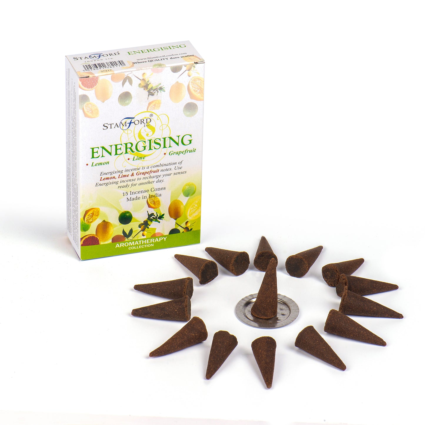 Stamford Aromatherapy Energising Incense Cones with packaging on a white background