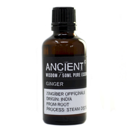 Bottle of Ancient Wisdom Ginger essential oil on a white background