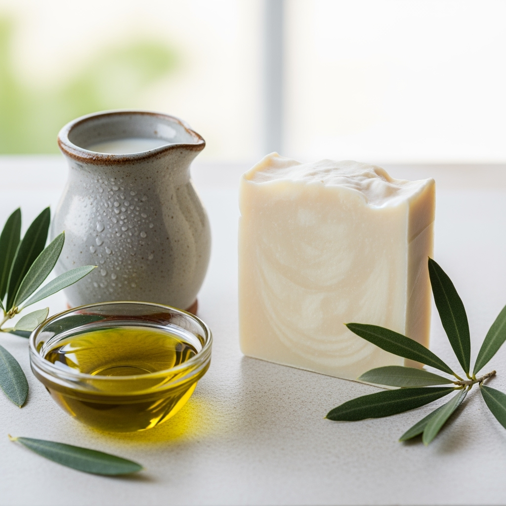 Bar of soap, small bowl of liquid, and olive leaves on a light surface