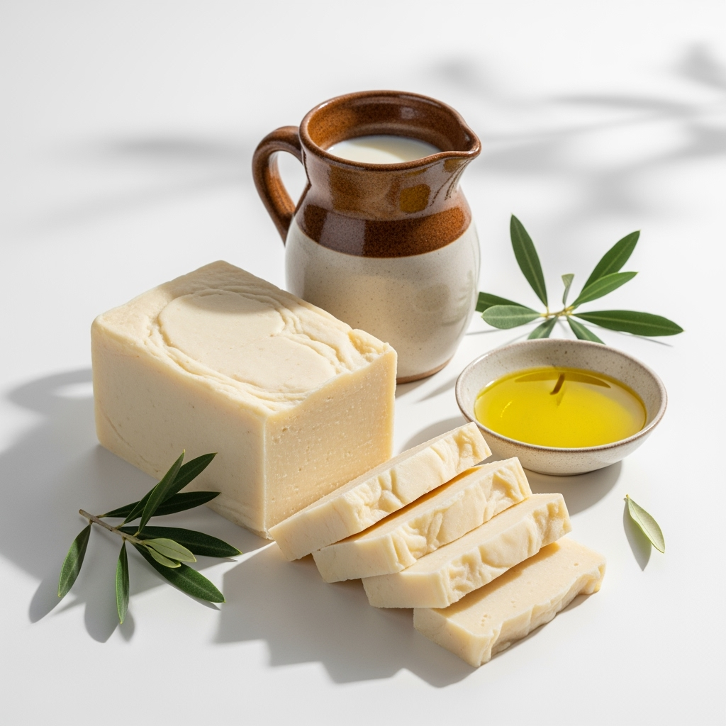 Bar of soap, sliced soap pieces, olive oil, and a pitcher on a light background