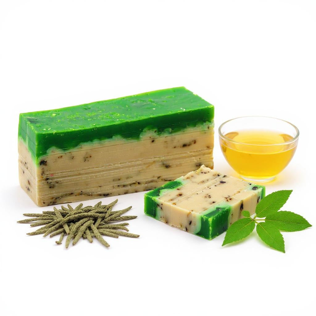 Green and beige layered soap with a glass of yellow liquid and green leaves on a white background