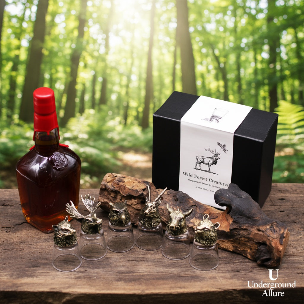 Bottle of whiskey, decorative box showcases the different Figure heads and packaging on a wooden surface with a forest background.