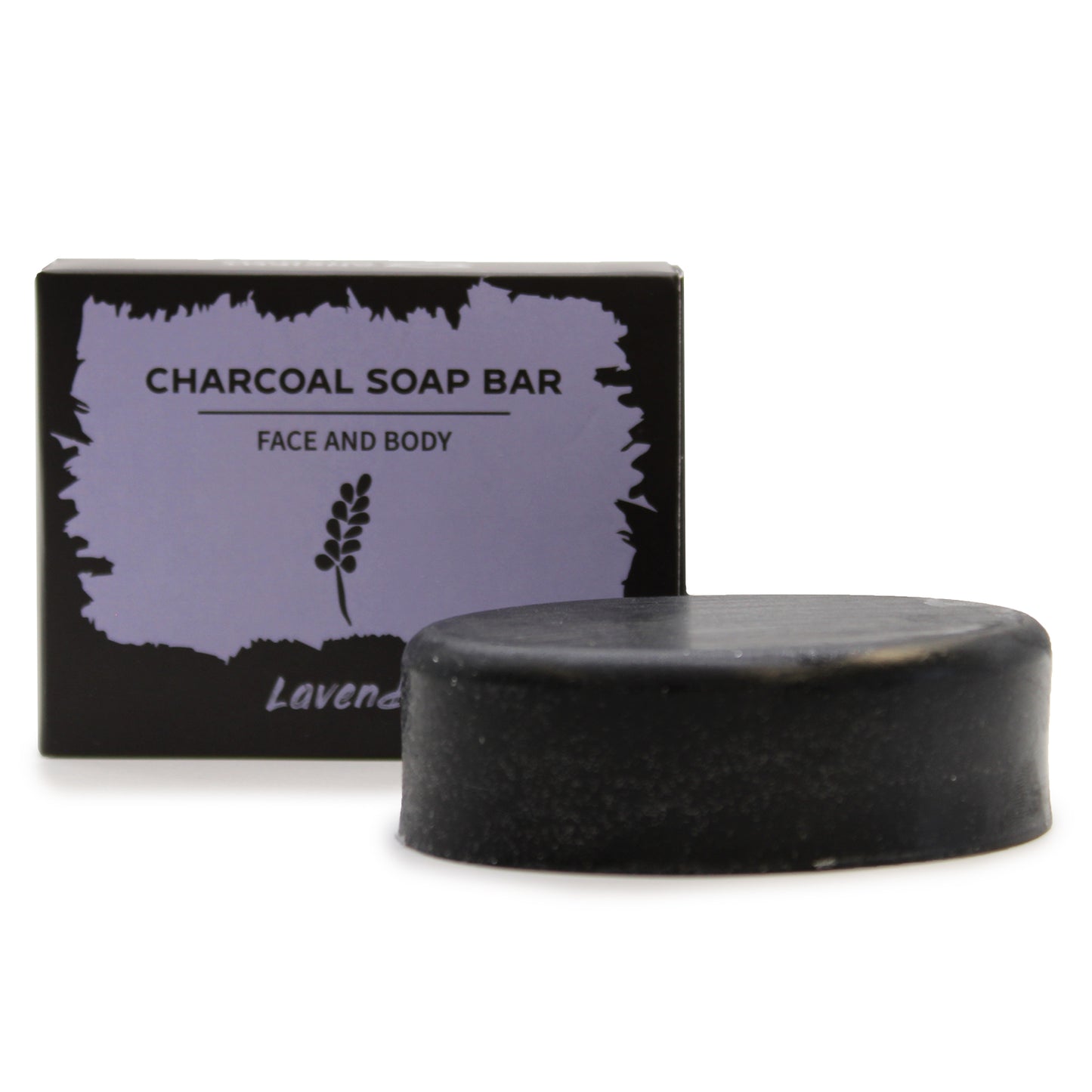 Charcoal soap bar with packaging on a white background