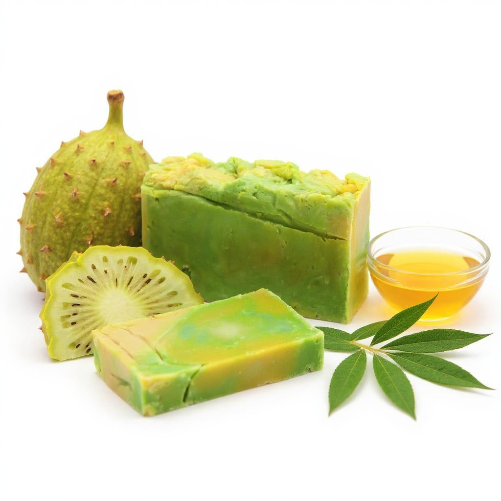 Green soap bars with a fruit-like exterior and a leaf on a white background