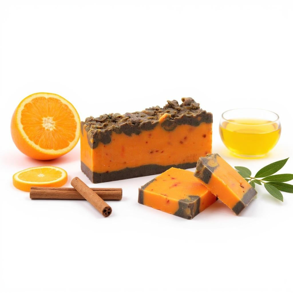 Orange soap with cinnamon and orange slices on a white background