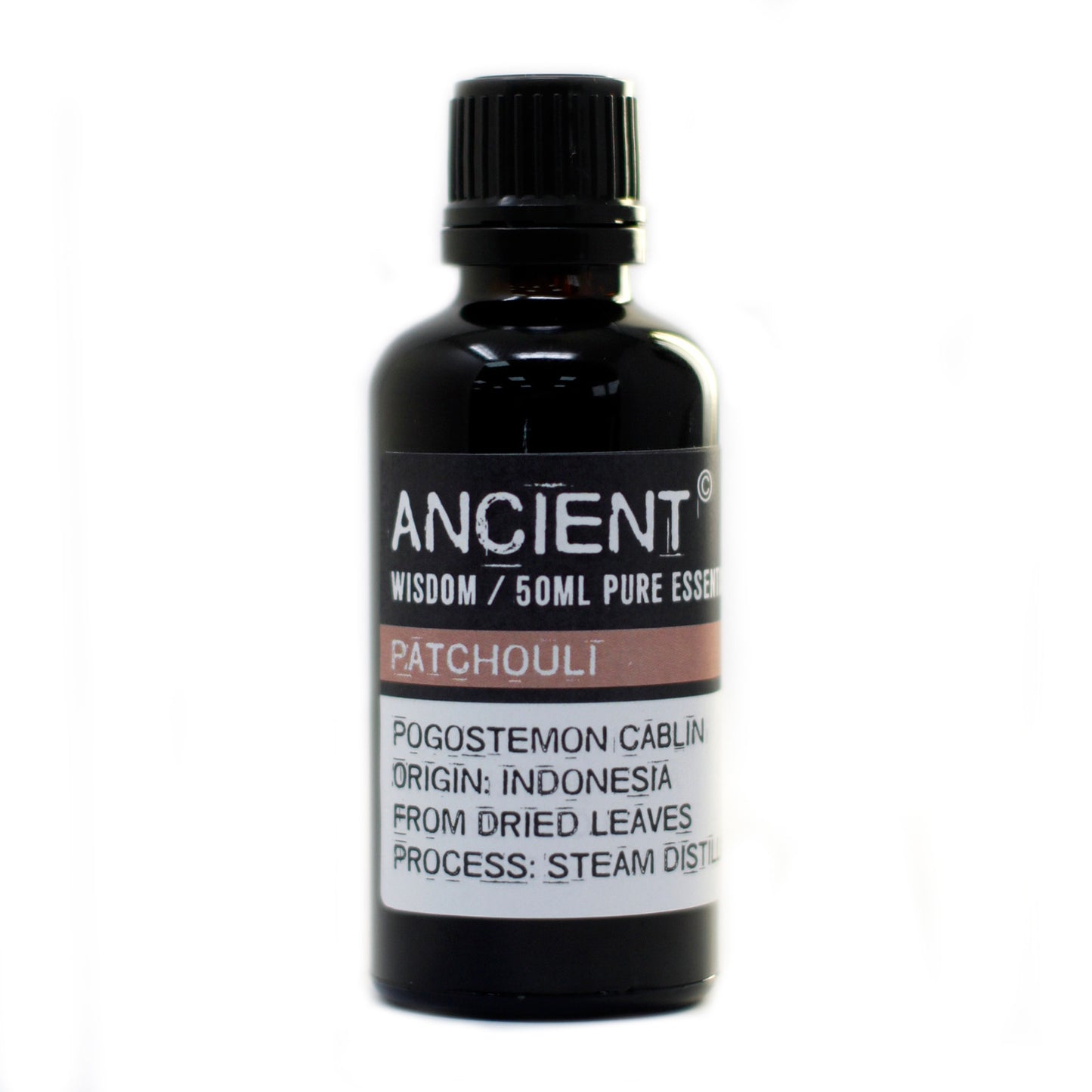 Bottle of Ancient Wisdom Patchouli pure essential oil on a white background