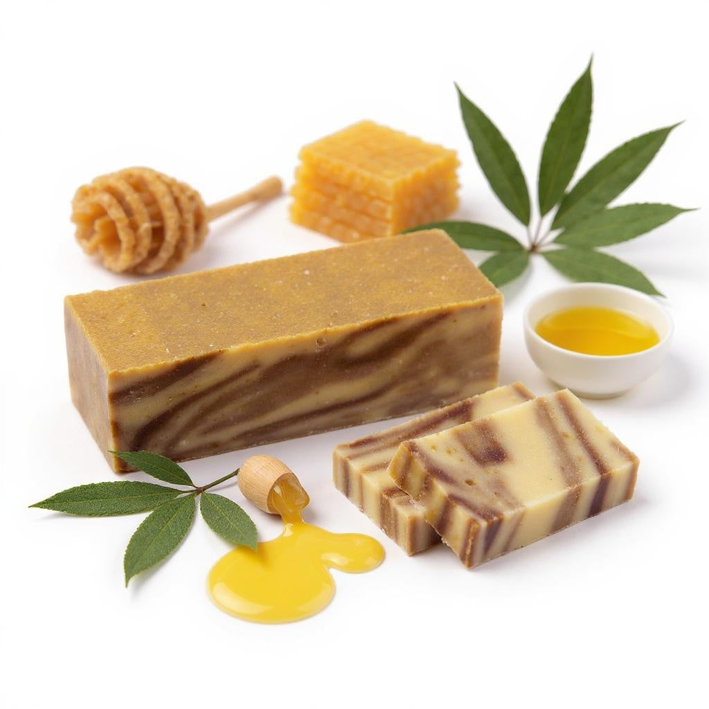 Bar of soap with honeycomb, honey, and leaves on a white background