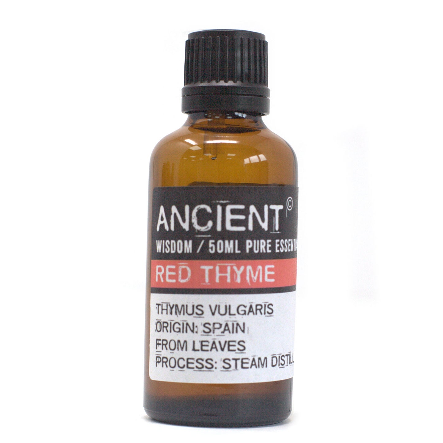 Bottle of Ancient Wisdom Red Thyme essential oil on a white background