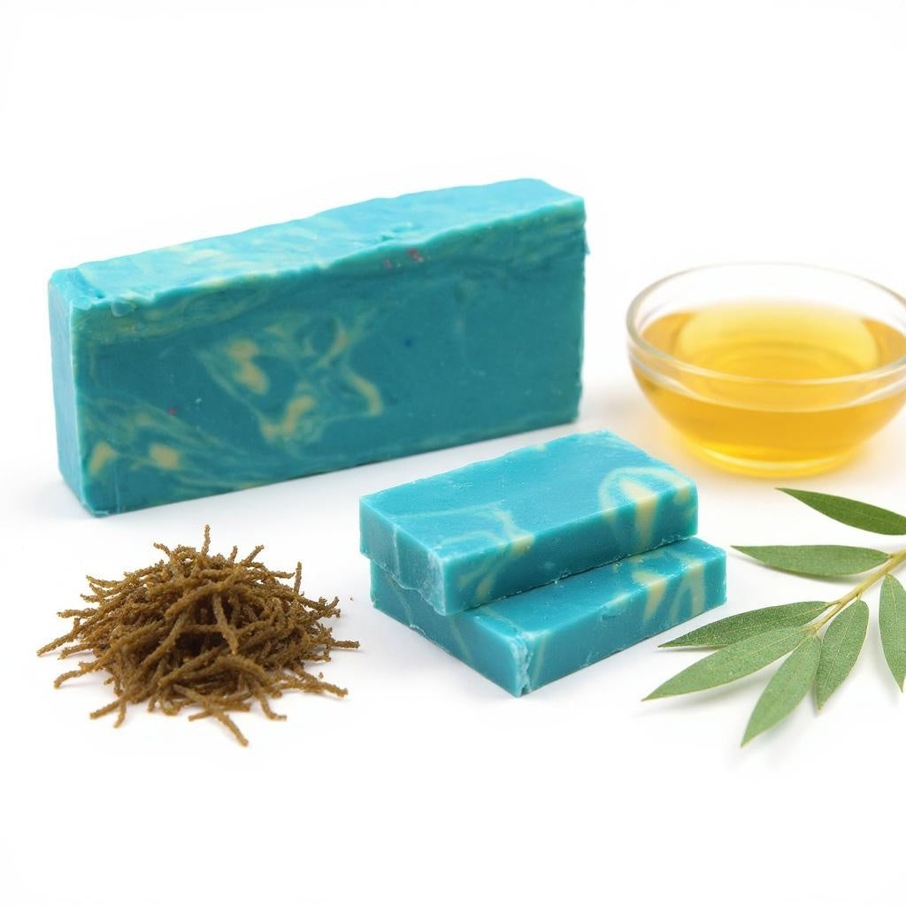Two bars of blue soap with green swirls, a small bowl of oil, and a bundle of seaweed on a white background.