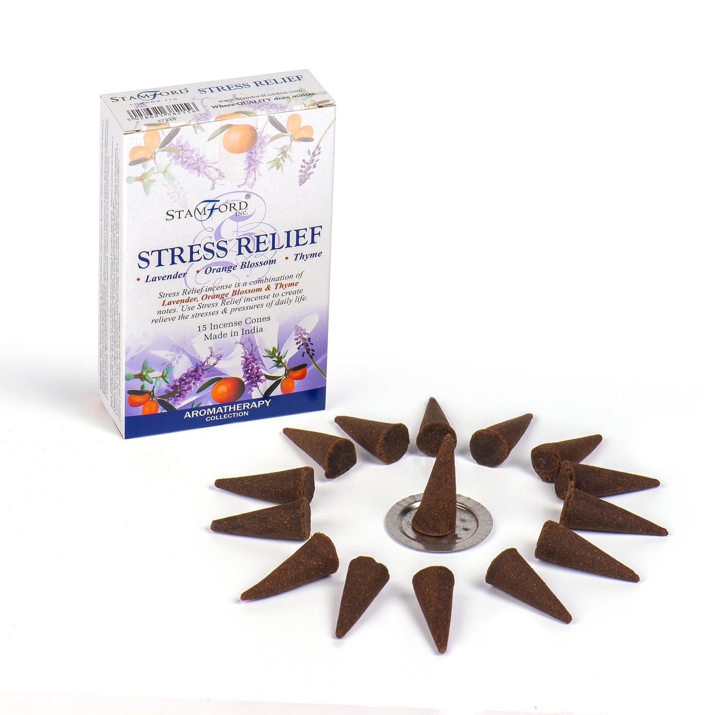Stress relief incense cones with packaging on a white background