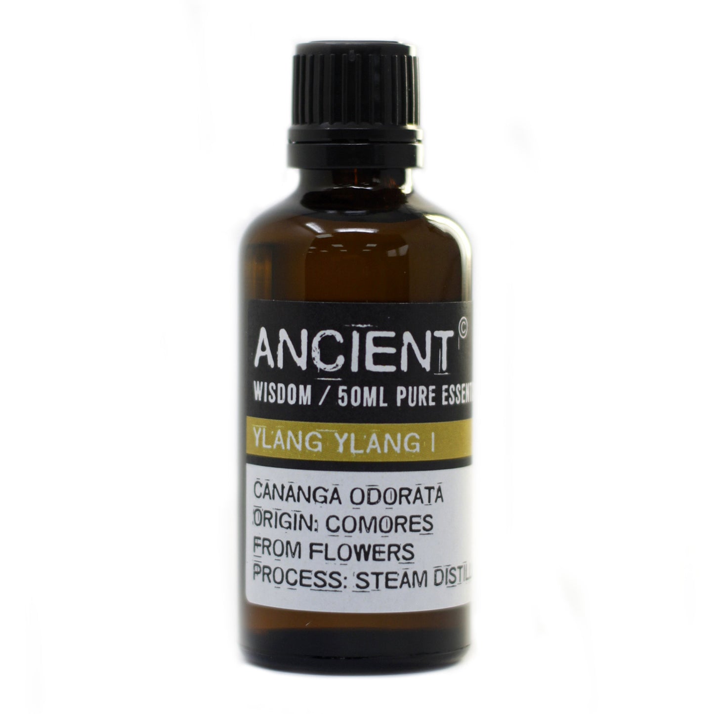 Bottle of Ancient Wisdom Ylang Ylang essential oil on a white background