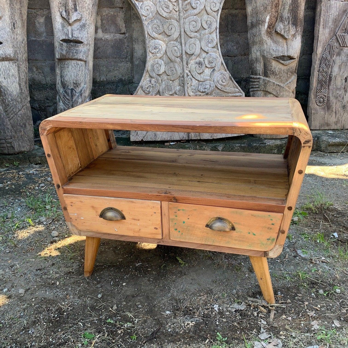 Small TV Stand with 2 Draws Round - Recycled Teak Wood - Underground Allure