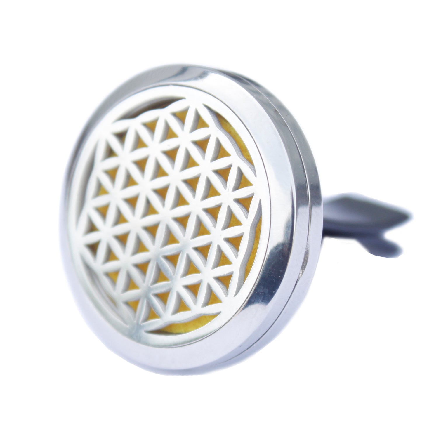A stainless steel car diffuser kit with a green felt pad and a Flower of life design, including space for essential oil.