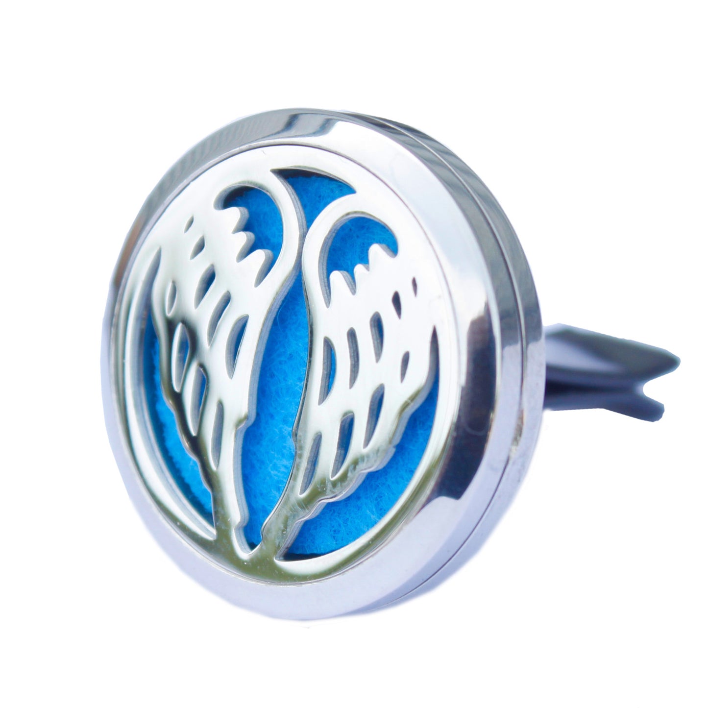 A stainless steel car diffuser kit with a green felt pad and a Angel wings design, including space for essential oil.Underground Allure, Essex UK