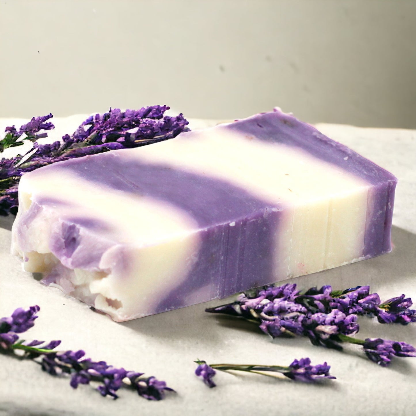 A bar of lavender-colored olive oil soap with white stripes, surrounded by real lavender flowers on a light background.