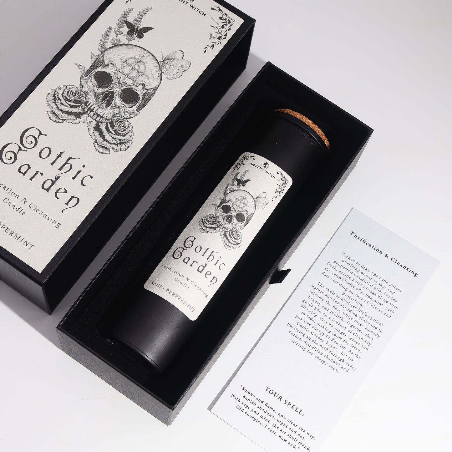 Gothic Garden candle in a decorative box with skull and insert card with writing