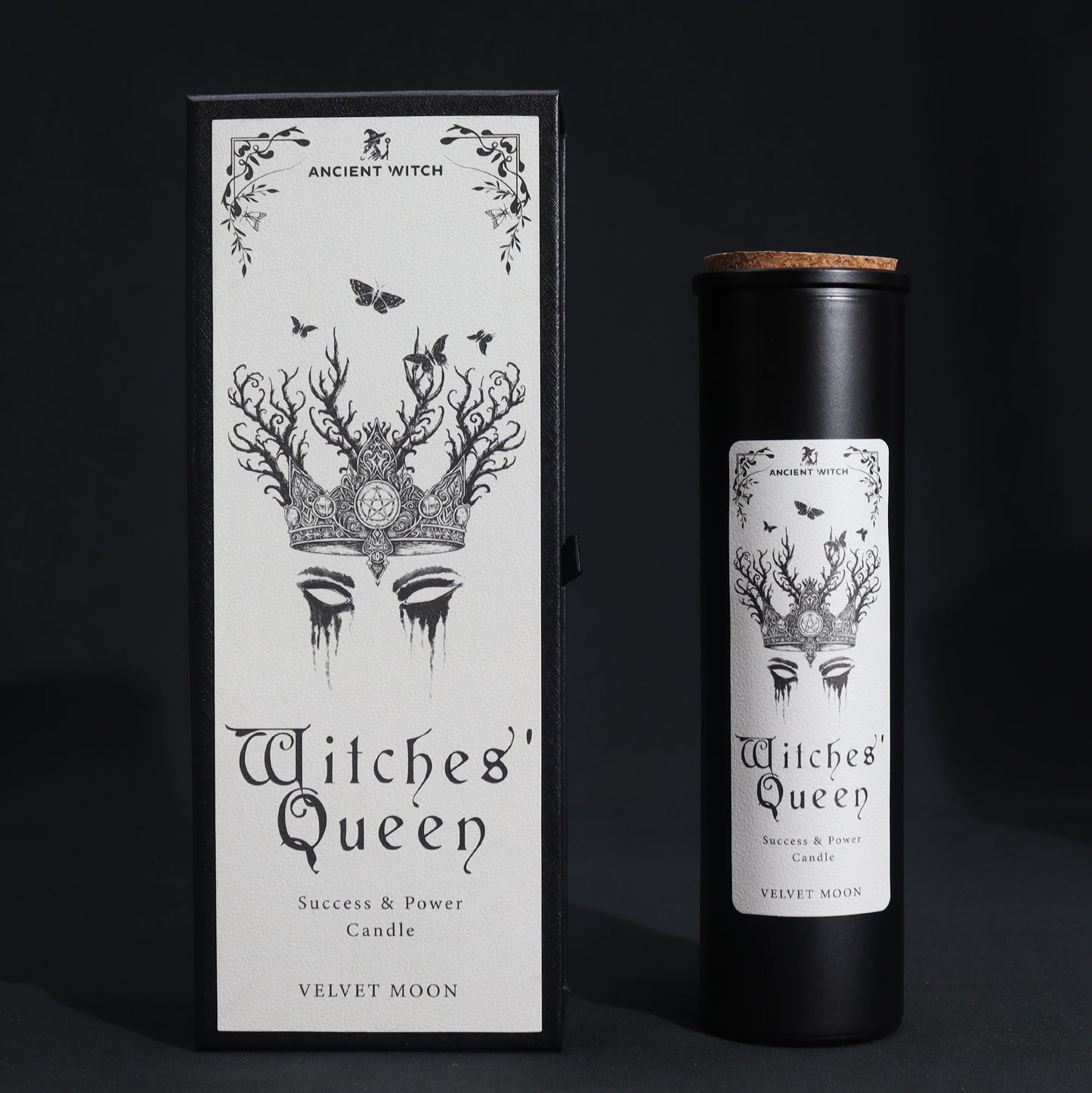Witches' Queen logo candle packaging with black and white design on a dark background