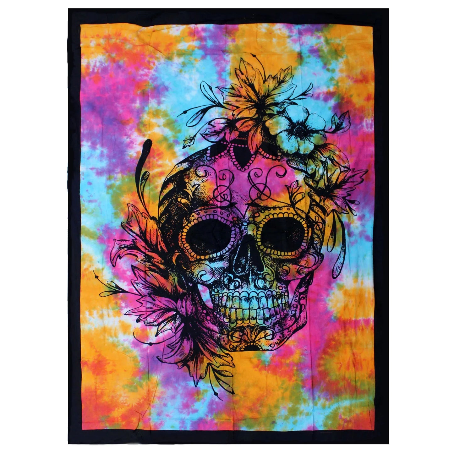 Single Cotton Bedspread + Wall Hanging - Day of Dead Skull - Underground Allure