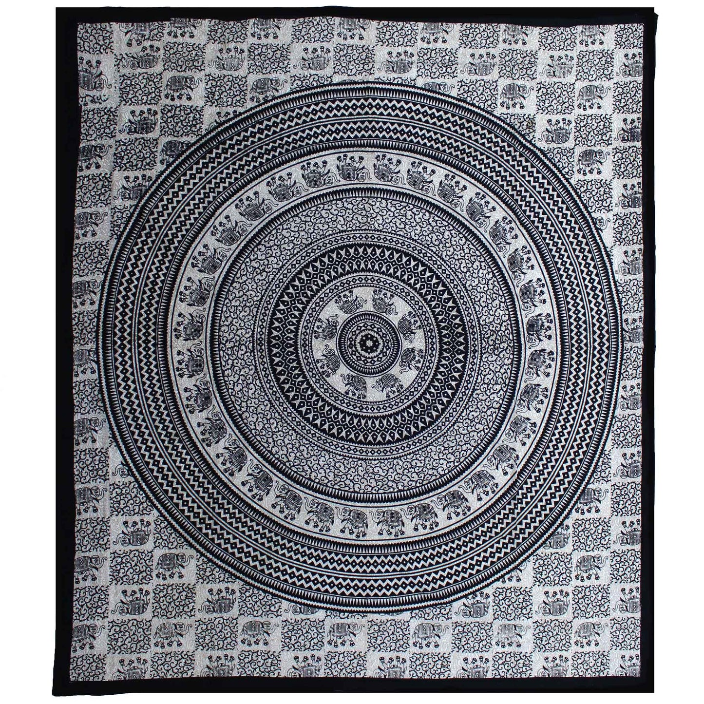 Double Cotton Bedspread + Wall Hanging - Mono - Elephant Mandal - Underground Allure