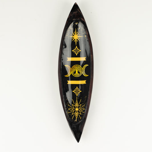 Golden Triple Moon Mango Wood Incense Bowl - 29cm