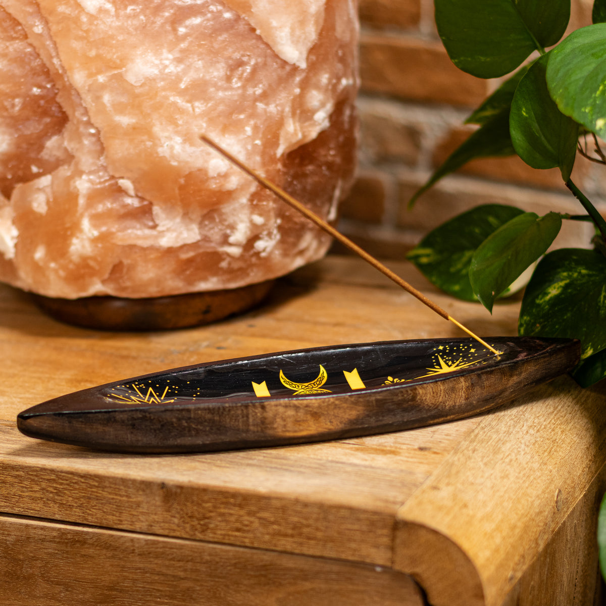 Golden Triple Moon Mango Wood Incense Bowl - 29cm
