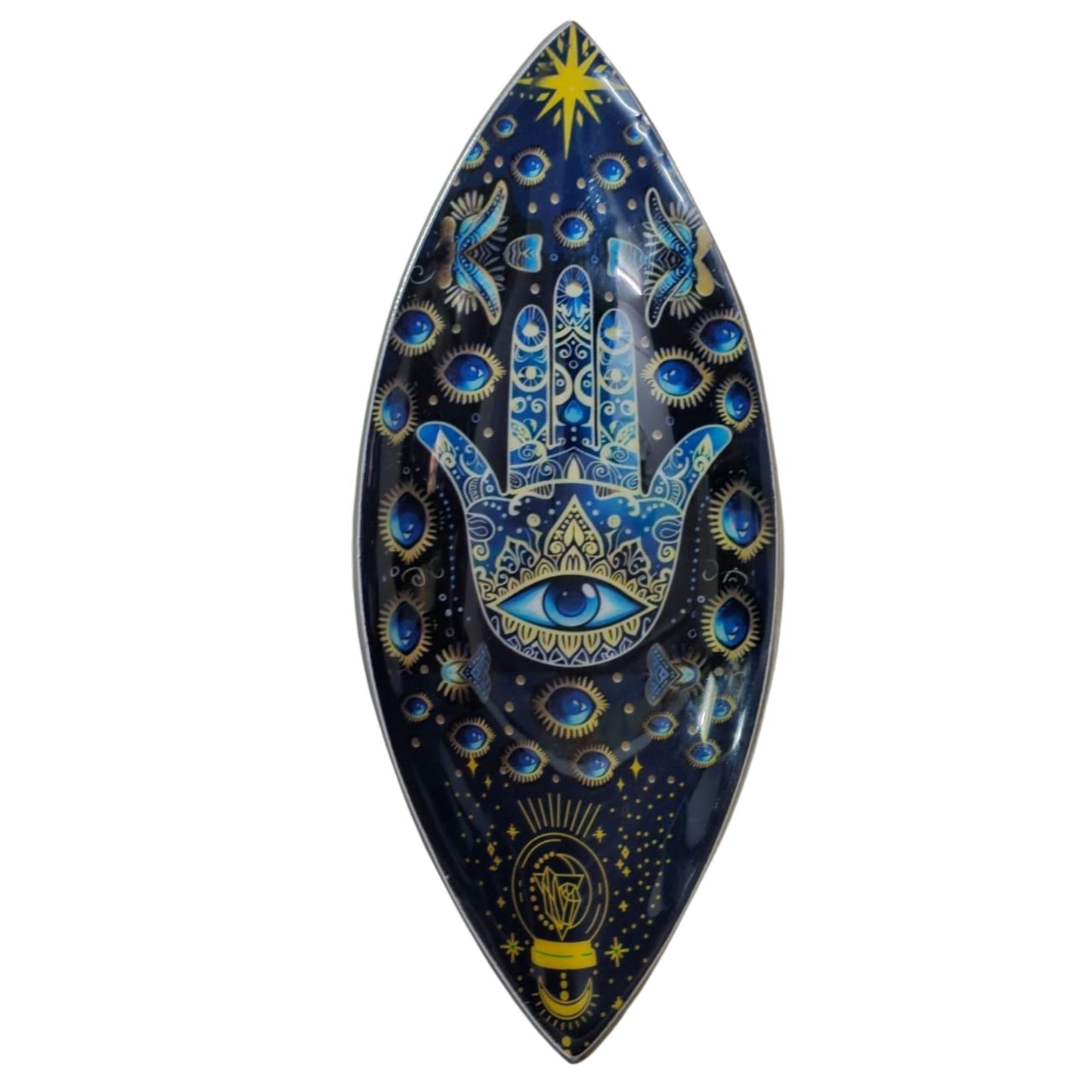 Decorative incense holder with Hamsa hand design on a dark blue background