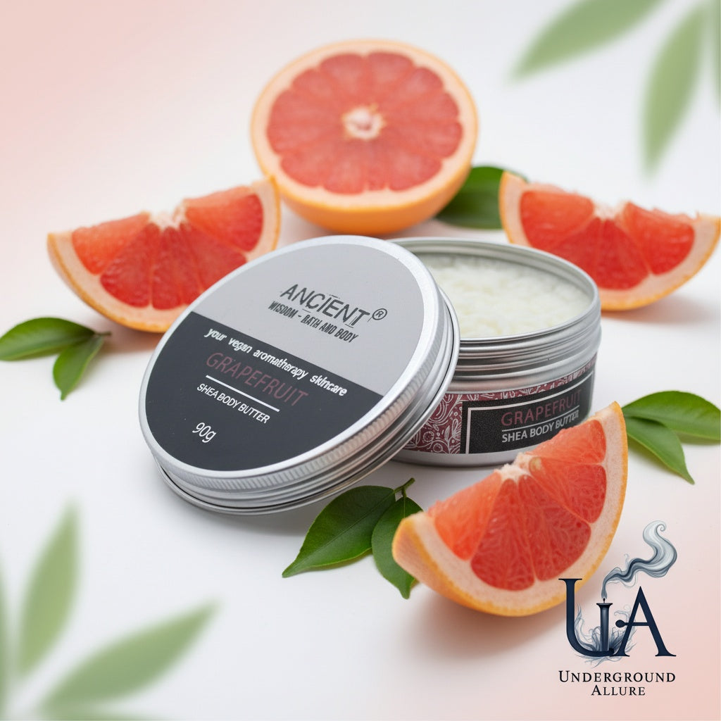 Two containers of 'Grapefruit' shea body butter with sliced grapefruits and green leaves on a light background.