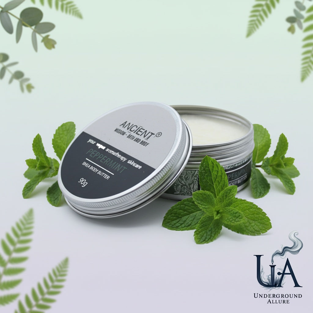 Two containers of peppermint skin care product with green leaves on a light background, featuring the brand 'Underground Allure'.
