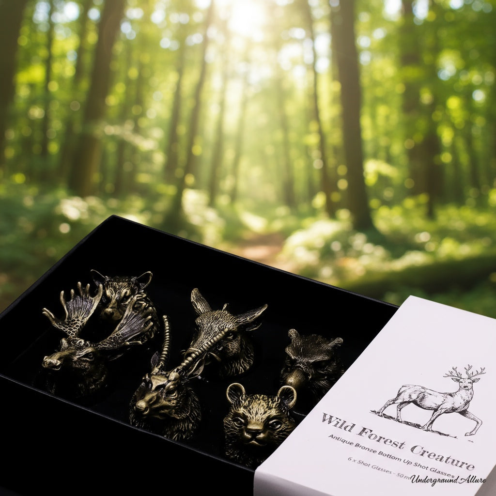 Wild Forest animal brass  figurines on a black box with a forest background
