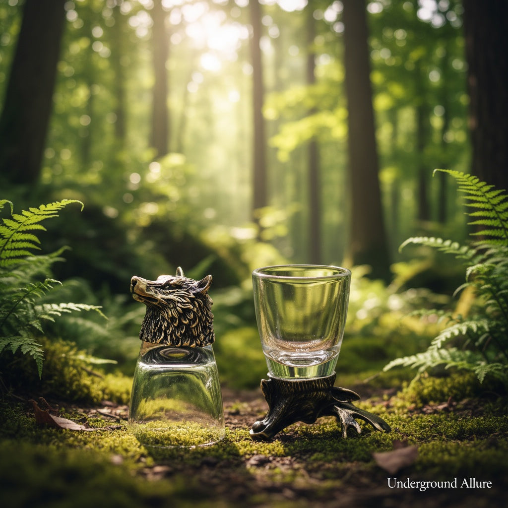 Two 50ml glass containers with Wolf heads in a forest setting
