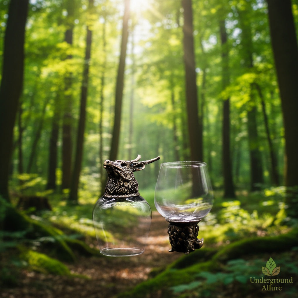 Two  100ml glass goblets with bronze  stag bases in a forest setting, featuring the brand 'Underground Allure'.