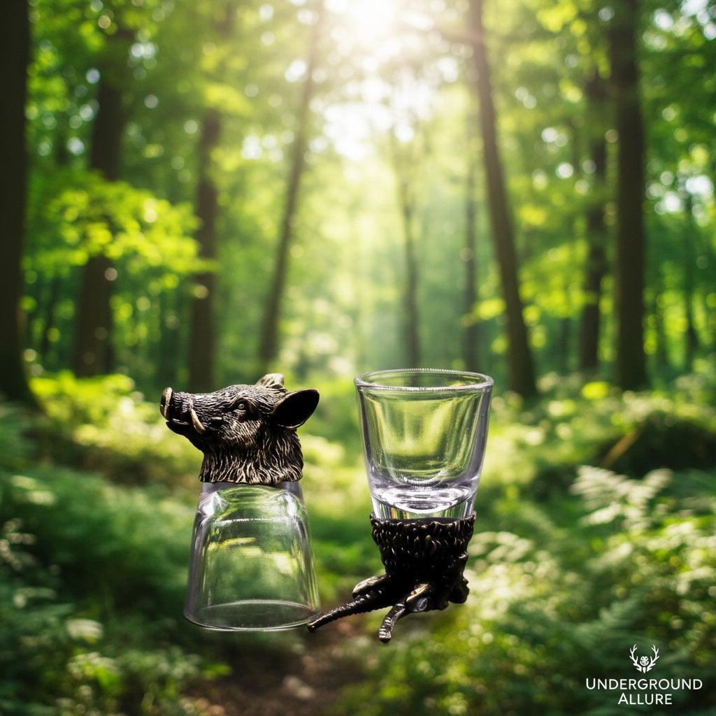 Two  50ml shot glasses with Hog heads nozzles in a forest setting