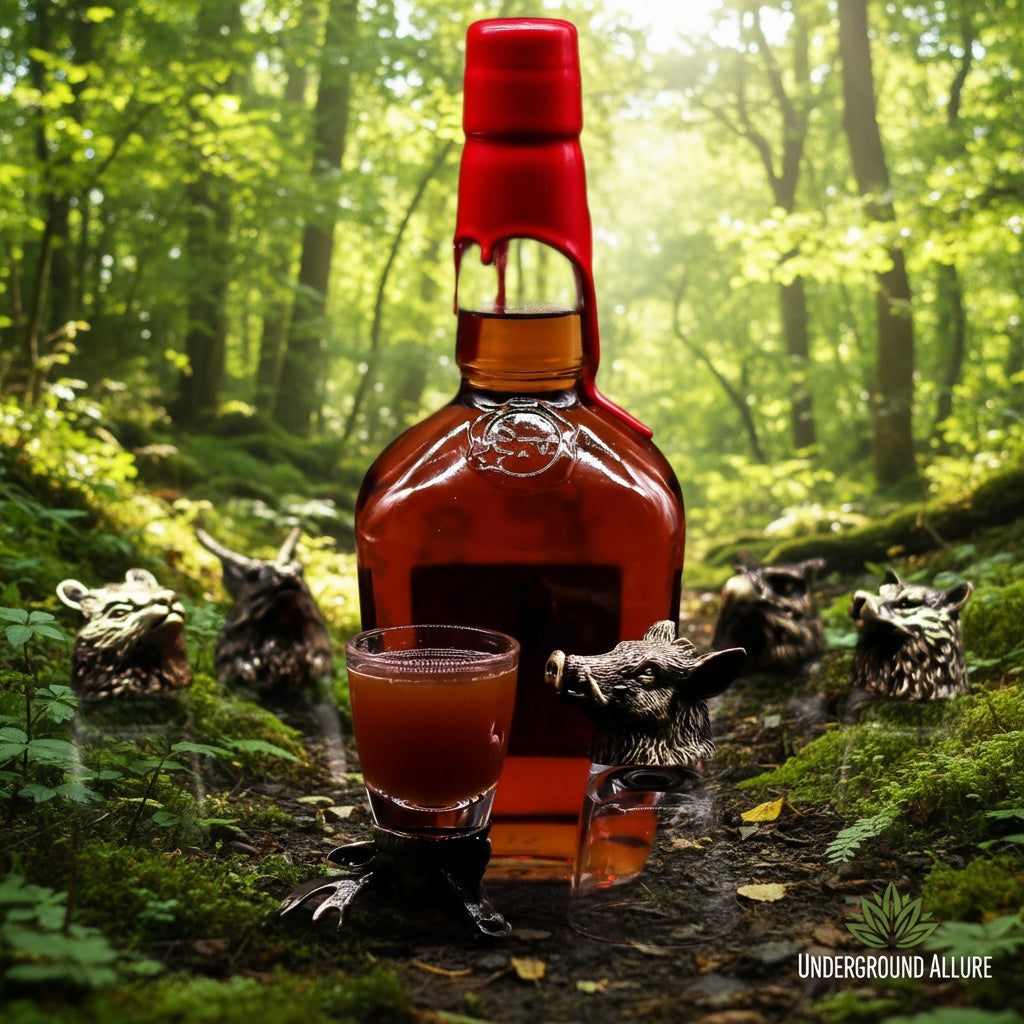 Bottle of whiskey with a glass in a forest setting, surrounded by animal figurines.