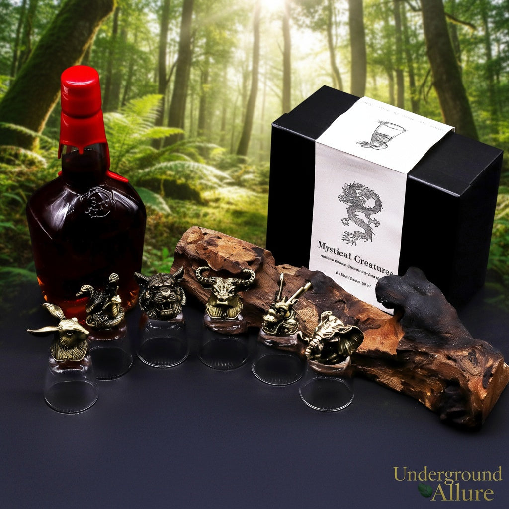 Bottle of dark liquid with red cap, decorative figurines, and a box labeled 'Mystical Creatures' against a forest background.