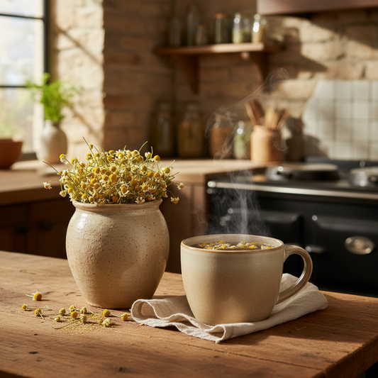 Steaming mug of Chamomile tea on a wooden table with a vase of flowers in a kitchen setting