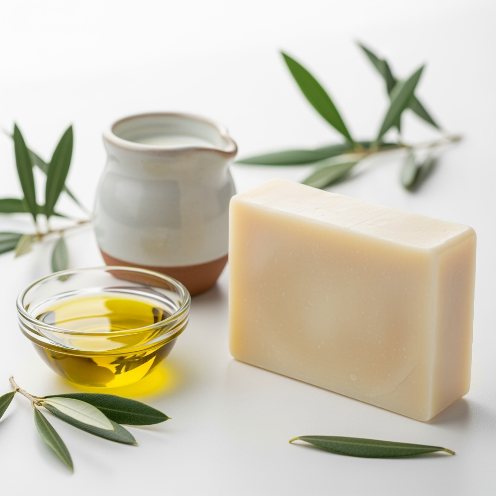 Bar of soap, small bowl of oil, and ceramic container on a light surface with green leaves.
