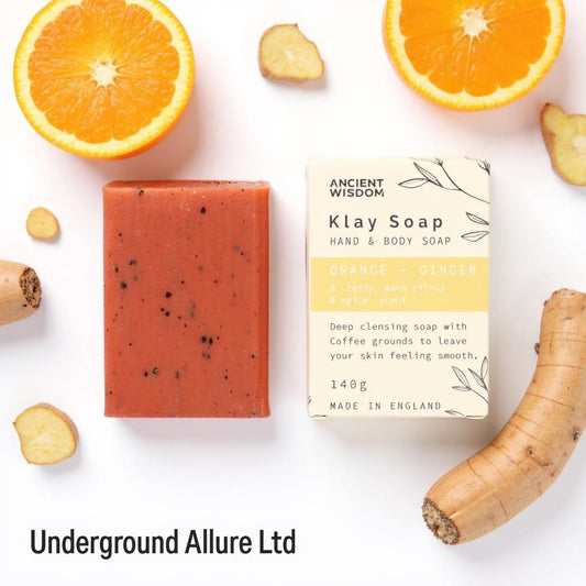 Klay Soap with packaging on a white background with oranges and ginger.