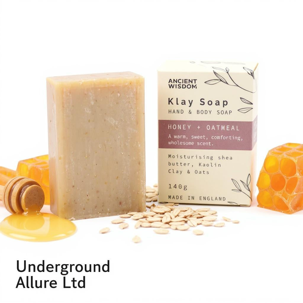 Klay Soap with packaging on a white background, featuring honey and oats.